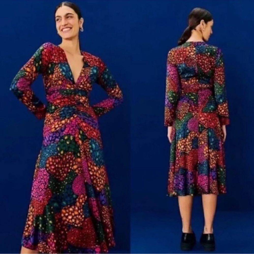 Farm Rio • Midi Dress • Rainbow Hearts • Multicolor • Long Sleeve • Small